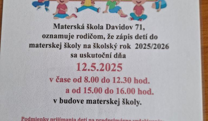 Fotka - Zápis detí do Materskej školy Davidov
