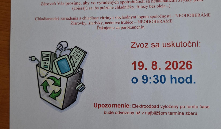 Fotka - Zber elektroodpadu v stredu 19.08.2026 o 09.30h